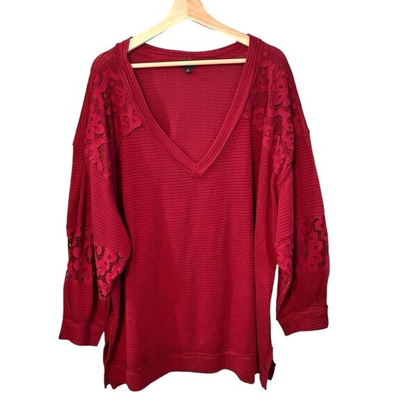 Torrid Waffle V-neck Lace Inset Pullover Sweatshirt Rhubarb Sz 4 - Picture 4 of 16